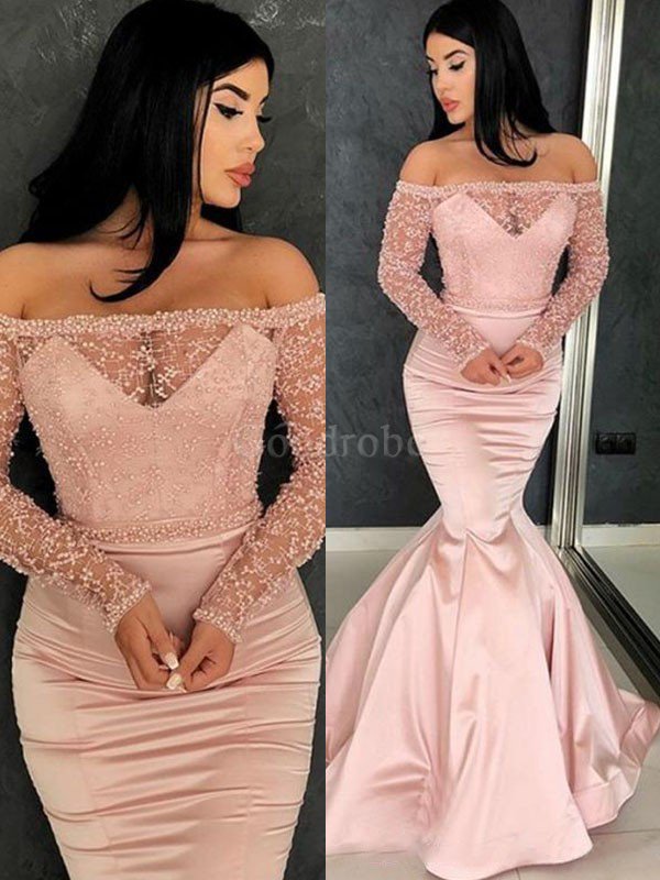 Robe de bal de sirène epaule nue haute qualité avec manche longue naturel