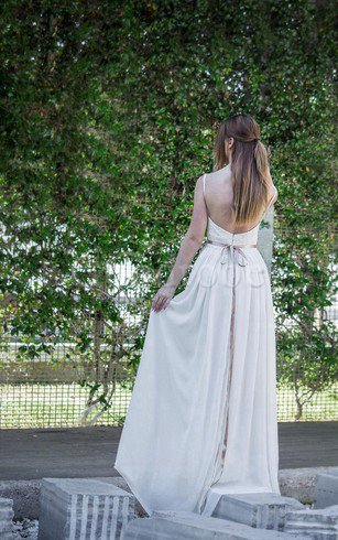 Robe de mariée naturel a-ligne encolure ronde fermeutre eclair manche nulle
