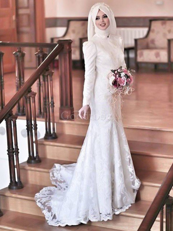 Robe de mariée elevé avec décoration dentelle avec manche longue en tulle mode