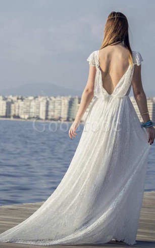 Robe de mariée a-ligne sans dos avec décoration dentelle decoration en fleur en plage