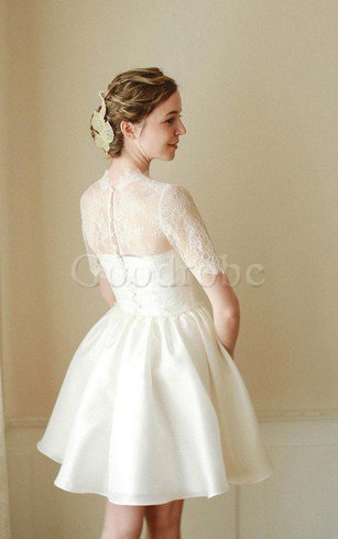 Robe de mariée naturel de col haut en satin avec manche courte avec sans manches