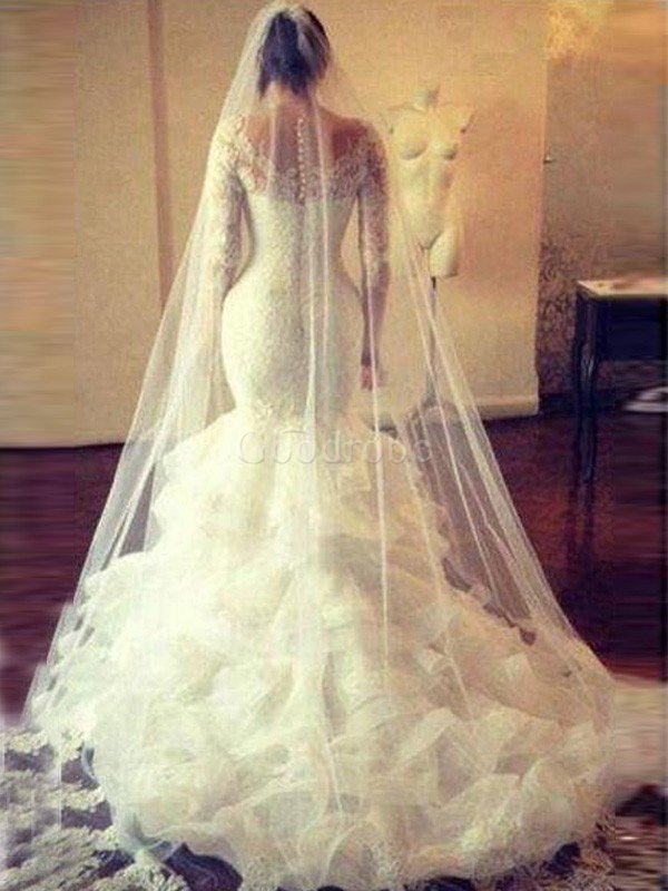 Robe de mariée naturel de sirène textile en tulle encolure ronde avec manche longue