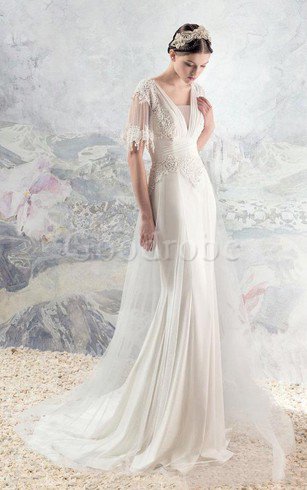 Robe de mariée sans dos v col profonde en chiffon avec manche 1/2 appliques