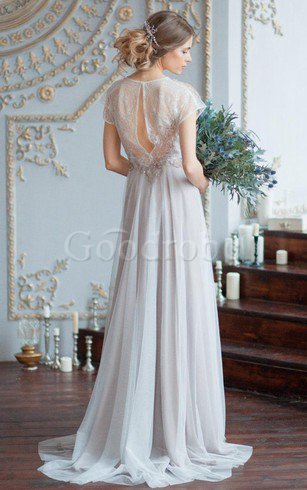 Robe de mariée intemporel avec perle a-ligne col en bateau avec décoration dentelle