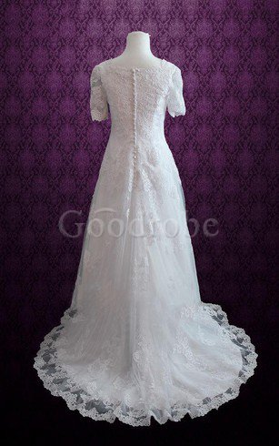 Robe de mariée facile avec sans manches encolure en carré boutonné de traîne courte