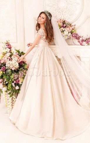 Robe de mariée naturel encolure ronde en satin a-ligne avec manche courte