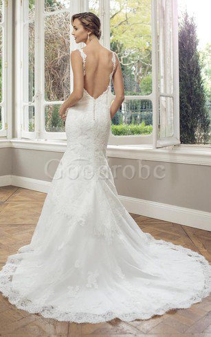 Robe de mariée naturel sans dos decoration en fleur de fourreau de traîne moyenne