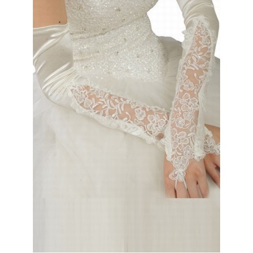 Exquis taffetas perles blanches élégantes | gants de mariée modestes