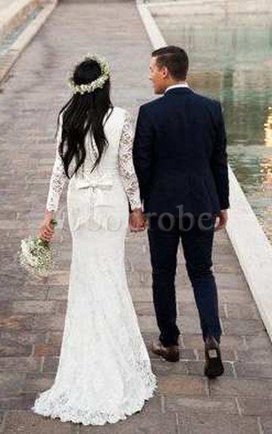 Robe de mariée vintage encolure ronde en forme fermeutre eclair avec nœud