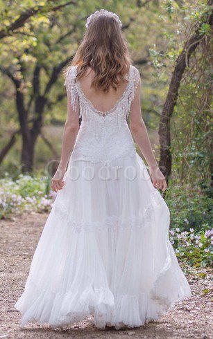 Robe de mariée plissé simple en dentelle avec perle manche nulle