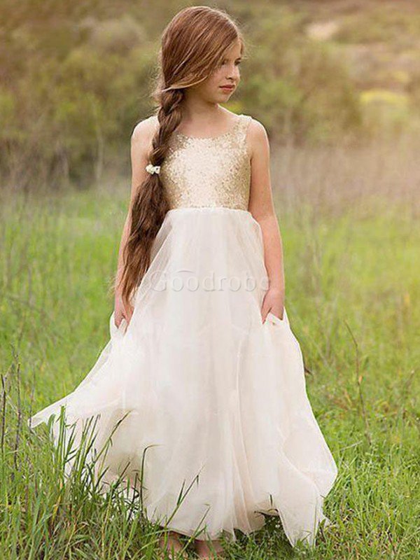 Robe cortège fille de princesse en tissu pailleté jusqu'au sol avec fleurs spécial