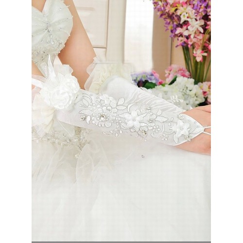 Énergique satin fleur 3d blanc chic | gants de mariée modernes