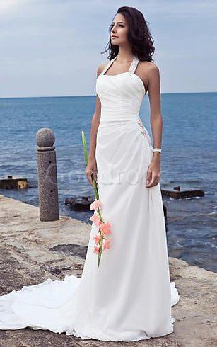 Robe de mariée naturel de traîne moyenne avec perle dénudé avec chiffon