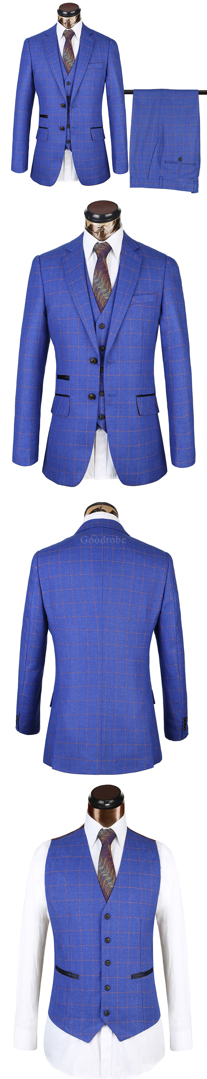 Costume d'affaires bleu mâle blazer plaid costume taille européenne