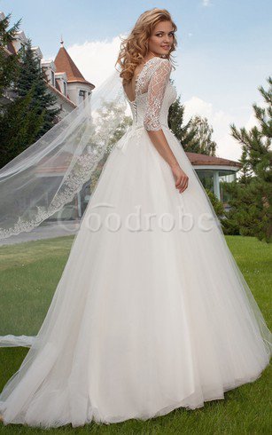 Robe de mariée au niveau de cou de traîne courte en tulle avec manche 1/2 cordon