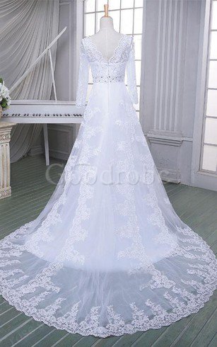 Robe de mariée naturel fermeutre eclair avec manche longue ligne a avec perle